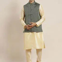 SOJANYA Men Golden Kurta with Churidar & Nehru Jacket-picture-40