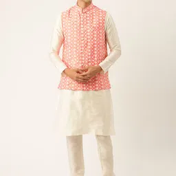 SOJANYA Men Off White Solid Kurta with Churidar & Nehru Jacket-15