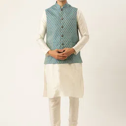 SOJANYA Men Off White Solid Kurta with Churidar & Nehru Jacket-16