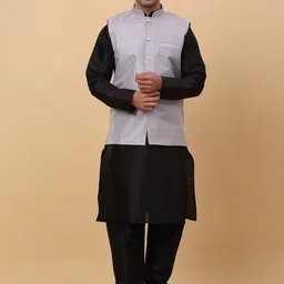 KRAFT INDIA Mandarin Collar Kurta With Churidar & Striped Sequinned Nehru Jacket-image-88
