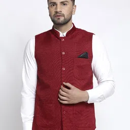 KLOTTHE Men Maroon Textured Woven Nehru Jacket-1