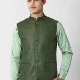 Peter England Elite Men Olive Green Woven Design Nehru Jacket-image-77