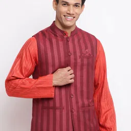 Fabindia Men Maroon Striped Nehru Jacket-picture-0