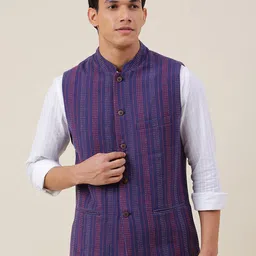 Fabindia Men Blue Striped Cotton Nehru Jackets-21