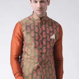 DEYANN Men Green Printed Nehru Jacket-20
