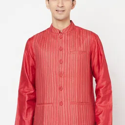 Fabindia Men Red & Gold-Toned Printed Woven Nehru Jacket-46