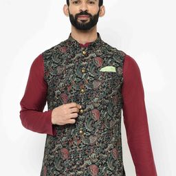 KISAH Men Black & Green Printed Nehru Jacket-18