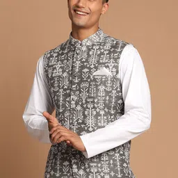 VASTRAMAY Men Green Printed Woven Nehru Jackets-image-97