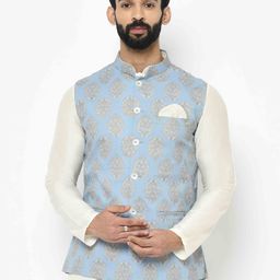 KISAH Men Blue & White Printed Nehru Jacket-44