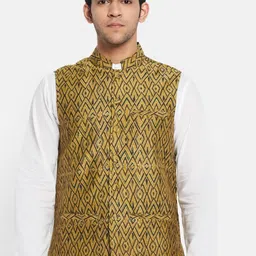 Fabindia Men Green Printed Nehru Jacket-30