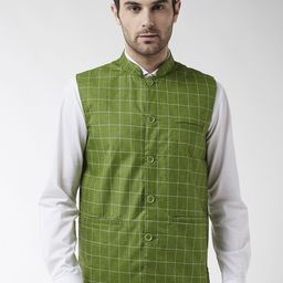 SOJANYA Men Green & White Checked Woven Nehru Jacket-11