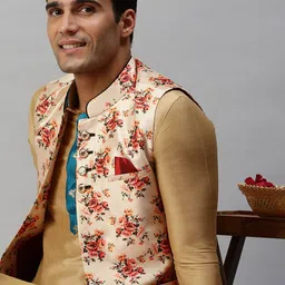 SHOWOFF Men Gold-Coloured & Peach-Coloured Printed Woven Nehru Jackets-3
