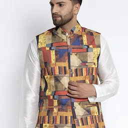 Benstoke Men Yellow & Red Printed Woven Nehru Jacket-image-63