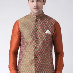 DEYANN Men Green & Orange Printed Nehru Jacket-image-46