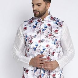 Benstoke Men White & Blue Printed Woven Nehru Jacket-37