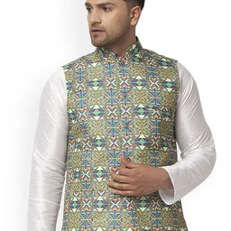 Benstoke Men Green & Blue Printed Woven Nehru Jacket-image-65