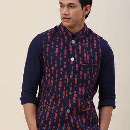 Fabindia Men Blue Printed Pure Cotton Nehru Jackets-picture-30