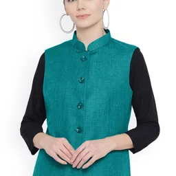 Vastraa Fusion Women Green Solid Woven Nehru Jacket-picture-28