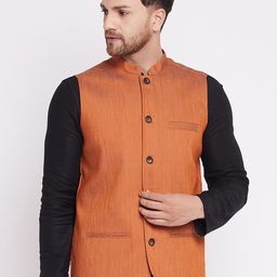 even Men Orange Solid Woven Nehru Jacket-36