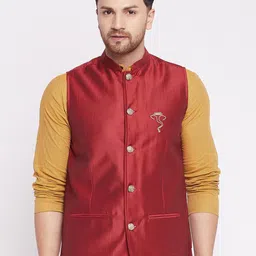 even Men Maroon Solid Woven Nehru Jacket-image-54