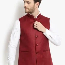 Vastraa Fusion Men Maroon Solid Woven Nehru Jacket-50