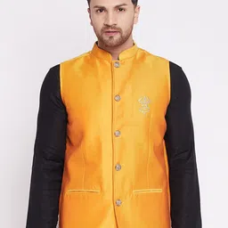 even Men Yellow Solid Woven Nehru Jacket-22