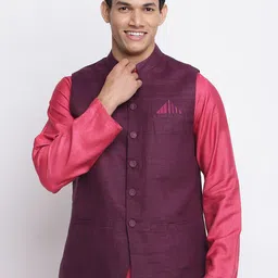 Fabindia Men Purple Solid Pure Silk Nehru Jacket-21
