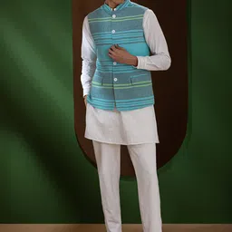 Earthpiece Striped Organic Cotton Nehru Jacket-58