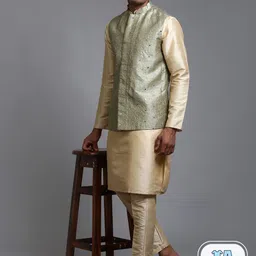 VASTRAMAY Mandarin Collar Regular Kurta with Trousers And Embellished Nehru Jacket-picture-16