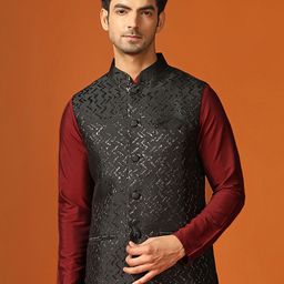 KISAH Mandarin Collar Woven Design Nehru Jacket-53