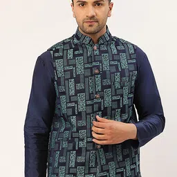 Jompers Men Navy Blue & Sea Green Woven Nehru Jacket-29
