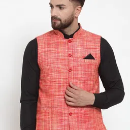 KLOTTHE Men Red & Yellow Woven Design Pure Cotton Nehru Jacket-picture-10