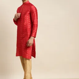 SOJANYA Men Maroon Kurta with Churidar & Nehru Jacket image 2
