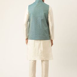 SOJANYA Men Off White Solid Kurta with Churidar & Nehru Jacket image 3