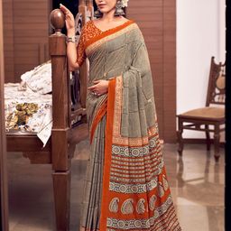Munir Ajrak Block Printed Pure Cotton Bagru Saree-14
