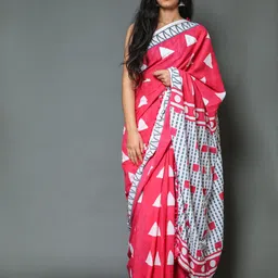 Sanganeri Print Geometric Printed Mulmul Cotton Bagru Saree-5