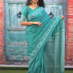 Sanganeri Print Polka Dot Printed Pure Cotton Bagru Saree-image-92