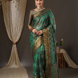 Saree mall Teal & Gold-Toned Woven Design Zari Silk Blend Bagru Sarees-picture-46