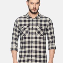 SHOWOFF Men Navy Blue & Cream-Coloured Slim Fit Checked Casual Shirt-12