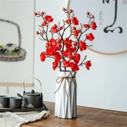 Artificial Flowers Fake Blossom Bouquet Stick Flower Without vase Pot (3 Pieces) Red Apple Blossom Artificial Flower-34