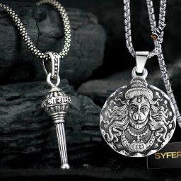 Hanuman and Gada Pendant for Men and Women, Evil Protector Hanuman Ji Locket Silver Brass Locket-image-45