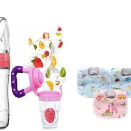Baby Apron with Bib Pack of 3 & Baby Spoon Feeder & Fruit NIbbler- Silicone-17