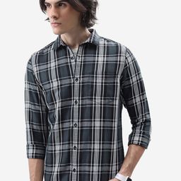 HIGHLANDER Grey Tartan Checked Slim Fit Casual Shirt-image-66