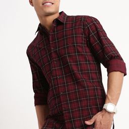 SHOWOFF Standard Slim Fit Tartan Checks Cotton Casual Shirt-image-46