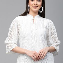 Style Quotient Self Design Tie-Up Neck Puff Sleeves Lace Cotton Top-82