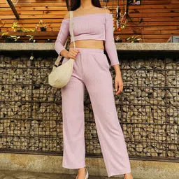 PINACOLADA Ribbed Off Shoulder Crop Top With Trousers Co-Ords-image-34