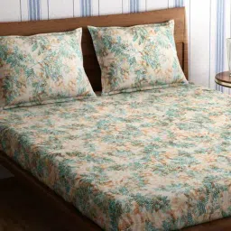 Orange Floral 300 TC 100% Cotton Queen Sized Bed Sheets with 2 Pillow Covers by Petal Home-picture-0