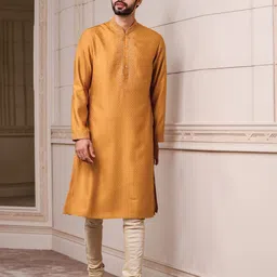 Tasva Men Self Textured Silk Jacquard Embroidered Neck & Collar Kurta-image-8