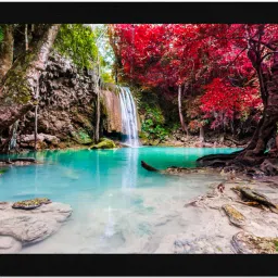Crimson Serenity – Enchanted Waterfall Landscape Digital Reprint 20 inch x 14 inch Painting-17