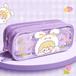 3-Layer Both Side Transparent Cute Girl With Bunny Cap Print Daily Use For Kids & Students, RP1374 Art Canvas Pencil Box-33